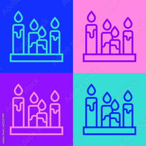 Pop art line Burning candle icon isolated on color background. Cylindrical aromatic candle stick with burning flame. Happy Halloween party. Vector