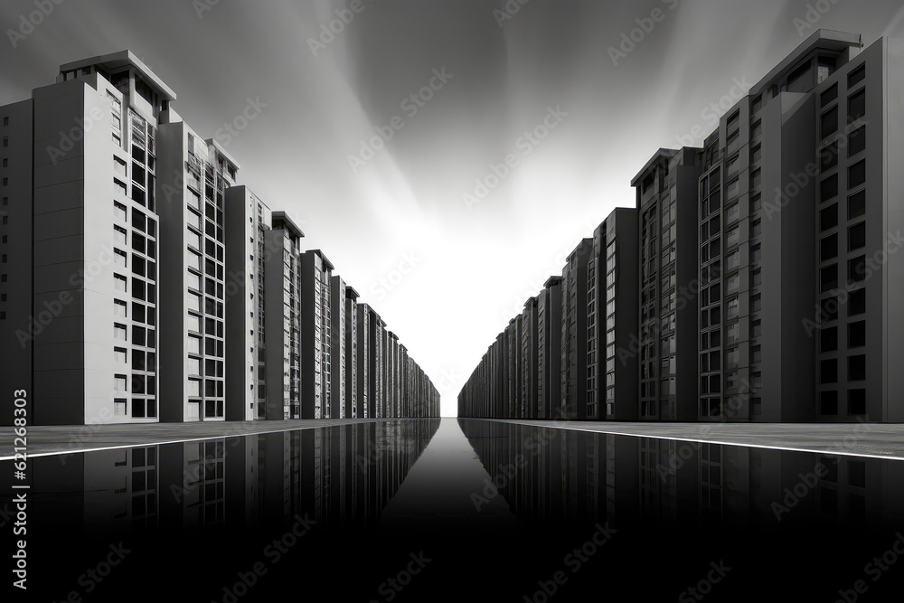 Row Of Identical Office Buildings Gradually Decreasing In Size, Emphasizing Linear Perspective. Generative AI Row Of Identical Office Buildings Gradually Decreasing In Size, Emphasizing Linear Perspective. Generative AI