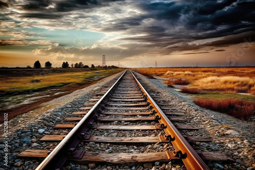 Railway Track Extending Towards The Distant Horizon, Showcasing Linear Perspective. Generative AI