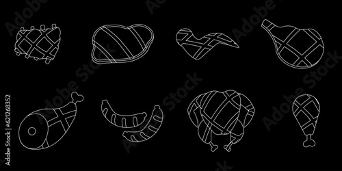 meat bbq line doodle black white set