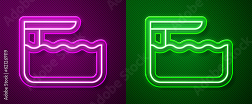 Glowing neon line Diving board or springboard icon isolated on purple and green background. Vector