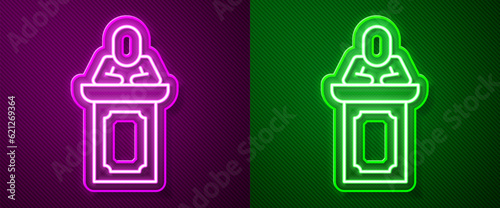 Glowing neon line Auction auctioneer sells icon isolated on purple and green background. Auction business, bid and sale. Vector
