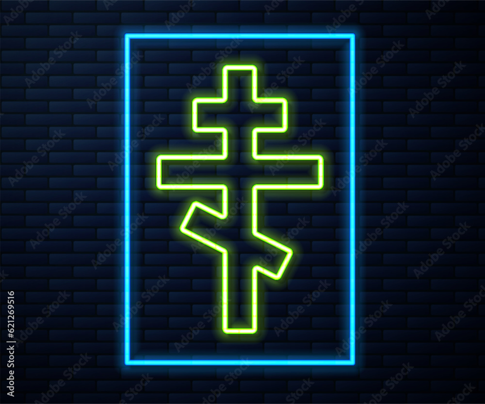 Fototapeta premium Glowing neon line Christian cross icon isolated on brick wall background. Church cross. Vector
