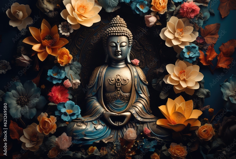 Bronze Buddha statue with flowers and butterflies - obrazy, fototapety, plakaty 
