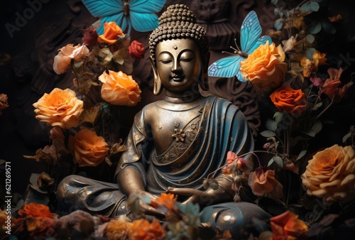 Bronze Buddha statue with flowers and butterflies © Bear Boy 