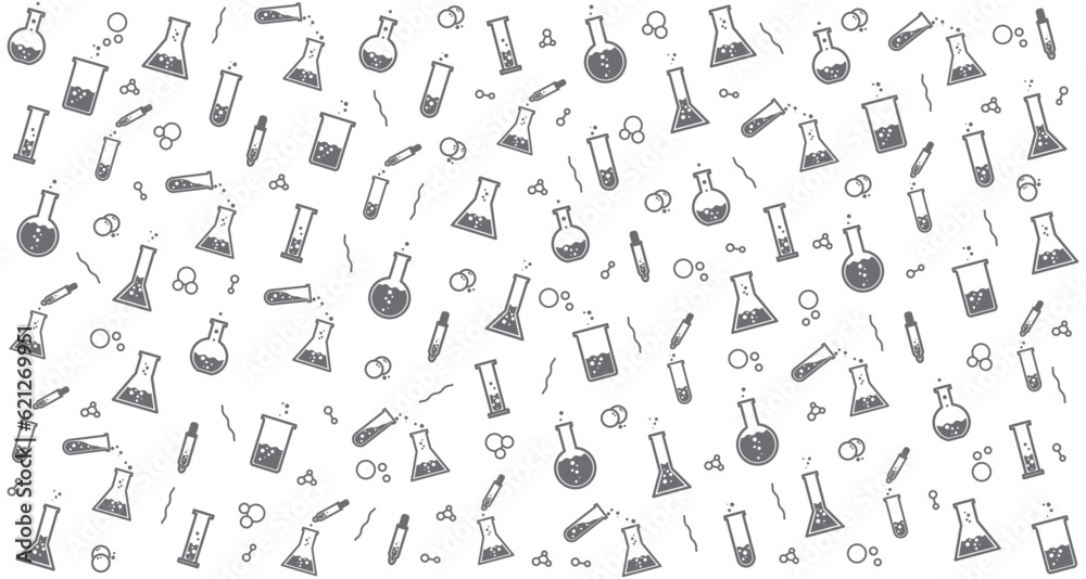 Test tube black and white seamless pattern with vector line icons of  laboratory background. Chemistry lab flask, science, symbol. Graduated sylinder, Dropper, Florance , Test tube vector background.