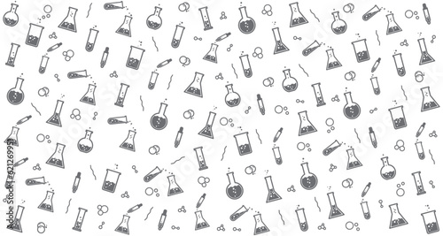 Test tube black and white seamless pattern with vector line icons of laboratory background. Chemistry lab flask, science, symbol. Graduated sylinder, Dropper, Florance , Test tube vector background.