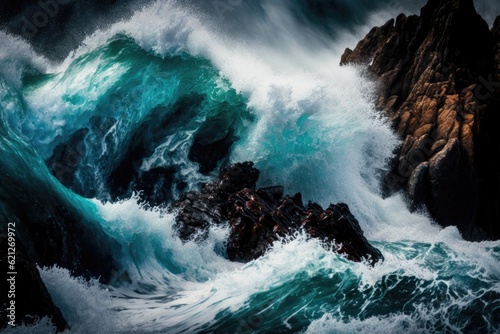 waves crashing against rocky shores in the ocean. Generative AI