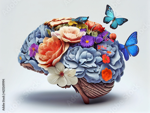 Conceptual image of a flowering human brain, on an isolated background. Generative AI photo