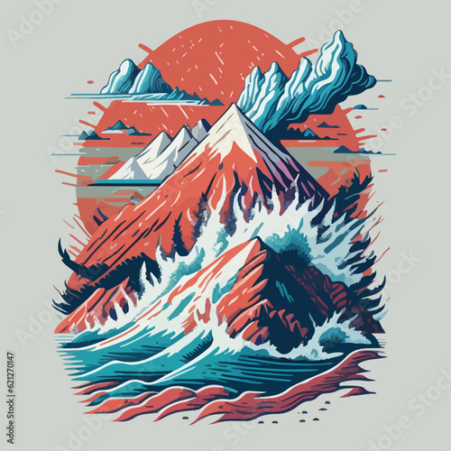 Vintage Mountain classic art design colors t-shirt in vector illustration. Rustic Ridges: Vintage Peaks Adventure.