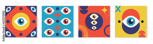 Abstract eye design. Bauhaus geometric posters, retro eyeball pattern, minimal modern flat art. Geometry figures and line grids. Modern cards or covers. Vector tidy shape background