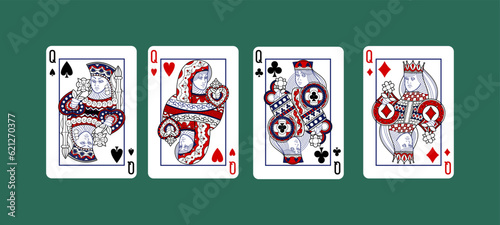 Queen cards. Modern red hearts and black spade. Vintage abstract game deck. Girl with diamonds or flower. Casino gambling leisure. Fortune royal pack. Vector cartoon design poker lucky set
