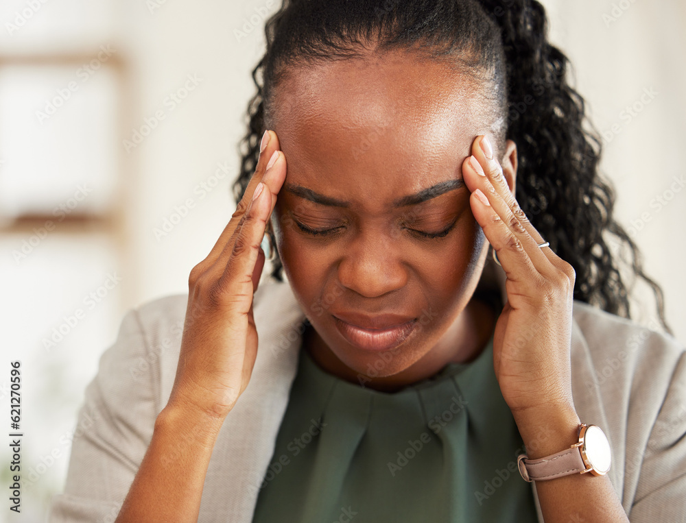 Pain, headache and black woman with problem in office, sick or stress from migraine. Frustrated, fatigue and African professional with business crisis, fail emoji and debt, bankruptcy and mistake. Pain, headache and black woman with problem in office, sick or stress from migraine. Frustrated, fatigue and African professional with business crisis, fail emoji and debt, bankruptcy and mistake.
