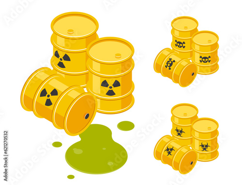 Isometric barrels with toxic waste, vector icons