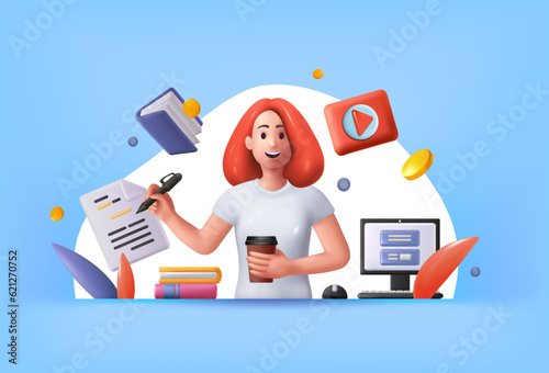 3D people work. Person in business routine. Lady character at home with coffee and laptop. Document pages. Render multitasking woman. Office or freelance job. Vector exact illustration