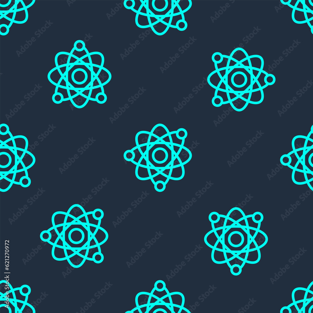 Green line Atom icon isolated seamless pattern on blue background. Symbol of science, education, nuclear physics, scientific research. Vector Green line Atom icon isolated seamless pattern on blue background. Symbol of science, education, nuclear physics, scientific research. Vector