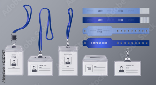 Badge mockup. Realistic company access tag with name and photo. Lanyard cord. Festival accreditation card or bracelet for employee. Identification pass. Vector exact design 3D objects set