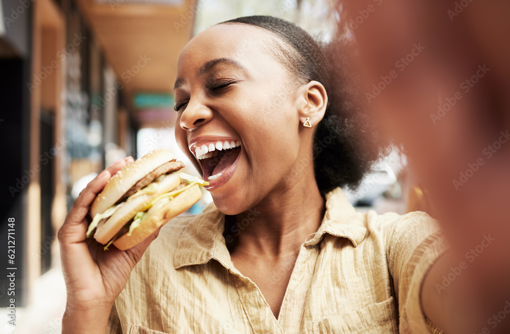Burger, eating and woman in selfie, city and restaurant outdoor promotion, social media and live streaming review. Fast food, hungry and african person, customer or influencer with lunch photography Burger, eating and woman in selfie, city and restaurant outdoor promotion, social media and live streaming review. Fast food, hungry and african person, customer or influencer with lunch photography