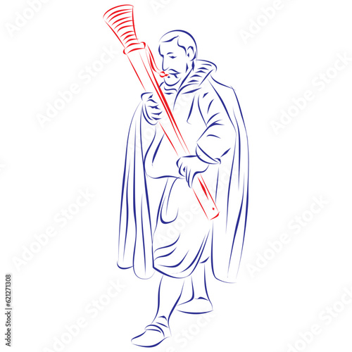 Continuous line drawing of a man dressed in historical costume playing a curtal or dulcian, the ancestor of the bassoon. Hand drawn, vector illustration photo