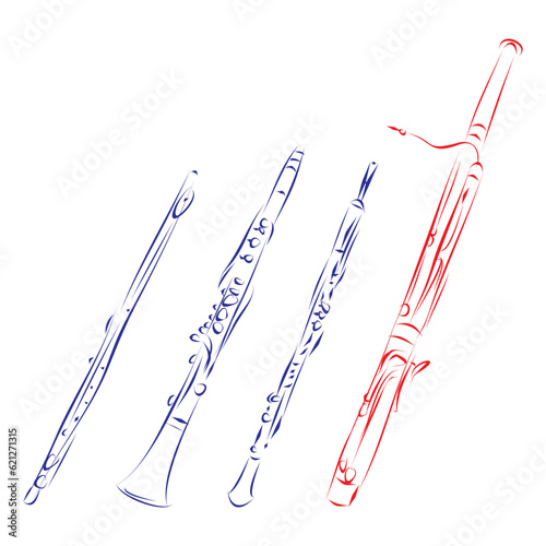 Continuous line drawing of a bassoon with the wind instruments family, isolated on white. Hand drawn, vector illustration