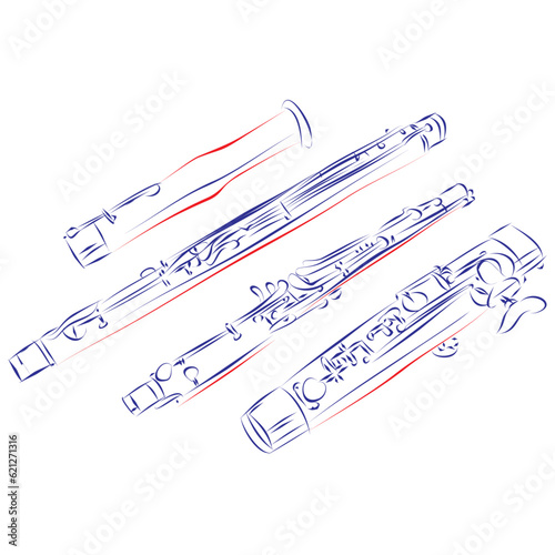 Continuous line drawing of bassoon component parts isolated on white. Hand drawn, vector illustration