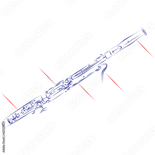 Continuous line drawing of bassoon with indicators for component parts isolated on white. Hand drawn, vector illustration photo