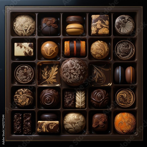 Artisan chocolate box with chocolates. Box containing various chocolates on a dark colored background. 