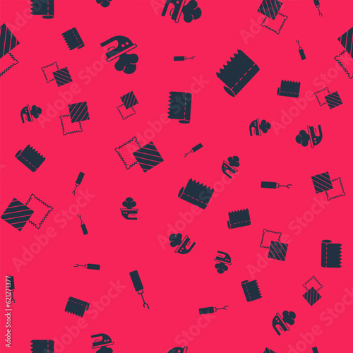Set Awl tool, Electric iron, Textile fabric roll and on seamless pattern. Vector
