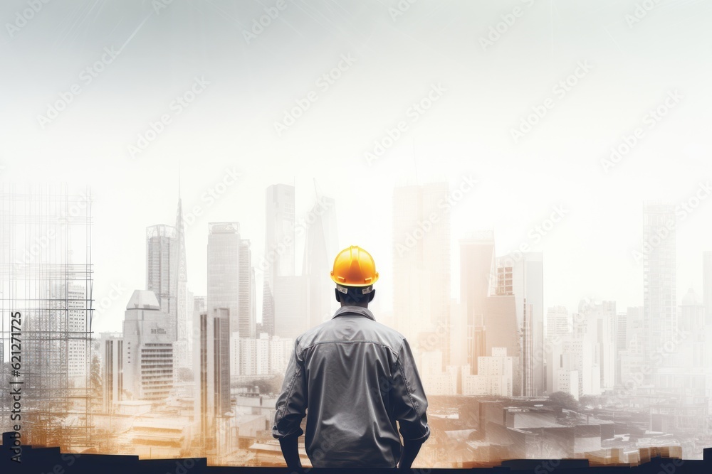 Builder man against overlay on cityscape white copy space background. Labour day concept.