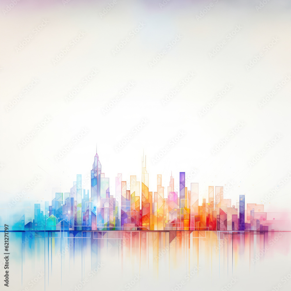 Cityscape on white copy space colorful prism style background.