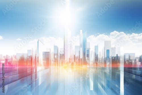 Cityscape on white copy space colorful prism style background.