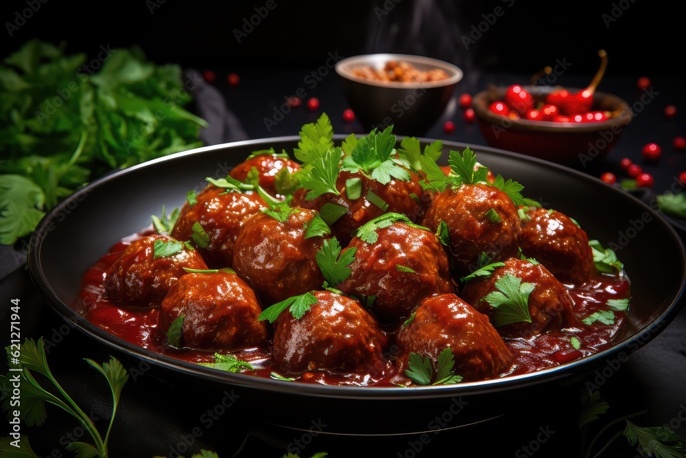 dish of meatballs in sauce with vegetable topping. 