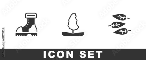 Set Waterproof rubber boot  Tree and Leaf or leaves icon. Vector