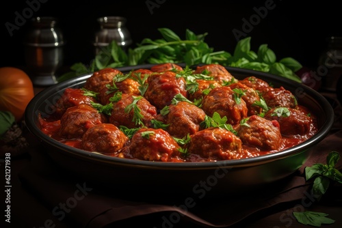 dish of meatballs in sauce with vegetable topping. 