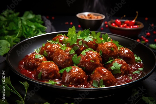 dish of meatballs in sauce with vegetable topping. 