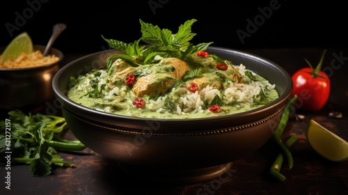 Green curry vegetarian dish on a table on dark background