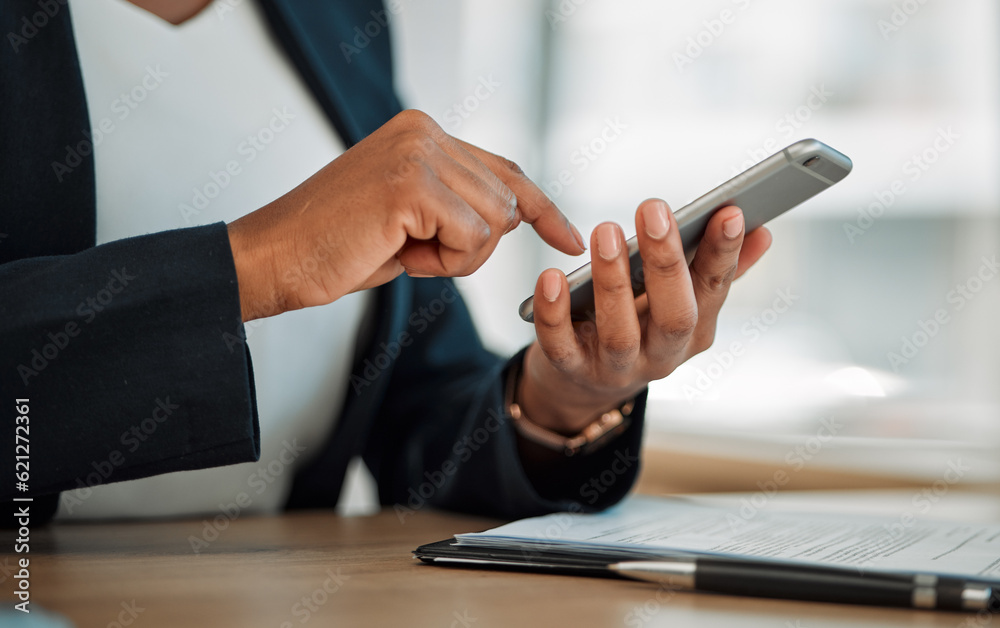 Fototapeta premium Closeup, trader or hands typing on a phone for social media chat, internet post or website notification. Searching, trading news blog or worker texting on online networking mobile app in office