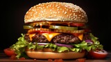 Fast food photography background  - Fresh tast burger, hamburger or cheeseburger on dark black table (Generative Ai)