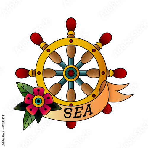 Tattoo boat steering wheel. Ribbon and flower. Old school body ink print. American style. Ocean navigation. Nautical symbol. Traditional sailor tattooing element. Vector color drawing
