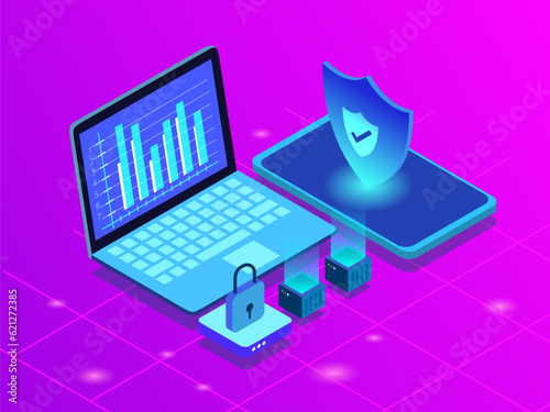 Business security technology isometric vector illustration with laptop, mobile, lock, shield