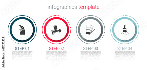 Set Paint bucket with brush, spray gun, Color palette guide and . Business infographic template. Vector