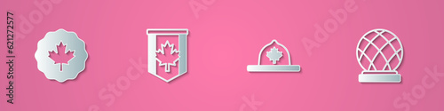 Set paper cut Canadian maple leaf, Pennant flag of Canada, ranger hat and Montreal Biosphere icon. Paper art style. Vector