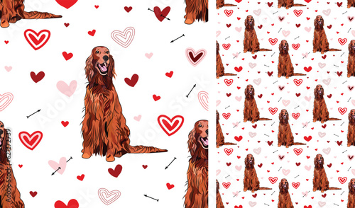 Irish setter dog Valentine's day heart wallpaper. Love doodles hearts with dogs, holiday texture. Square background, repeatable pattern. St Valentine's day wallpaper, Valentine present, print tiles.