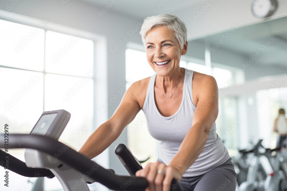 Obraz premium Smiling happy healthy fit slim senior woman with grey hair practising indoors sport with group of people on an exercise bike in gym.