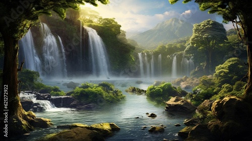 Cascade water in motion, surrounded by vibrant greenery and soft sunlight , (Generated by Ai)