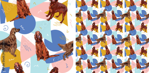 Irish setter dog summer pastel wallpaper. Holiday abstract circles, squares, spirals, confetti. Seamless geometric background, repeatable pattern. Birthday wallpaper, Christmas present, print tiles. 