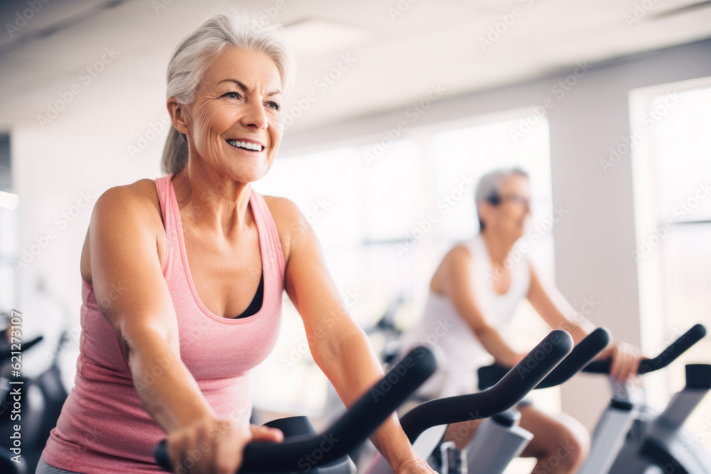 Smiling happy healthy fit slim senior woman with grey hair practising indoors sport with group of people on an exercise bike in gym. Smiling happy healthy fit slim senior woman with grey hair practising indoors sport with group of people on an exercise bike in gym.