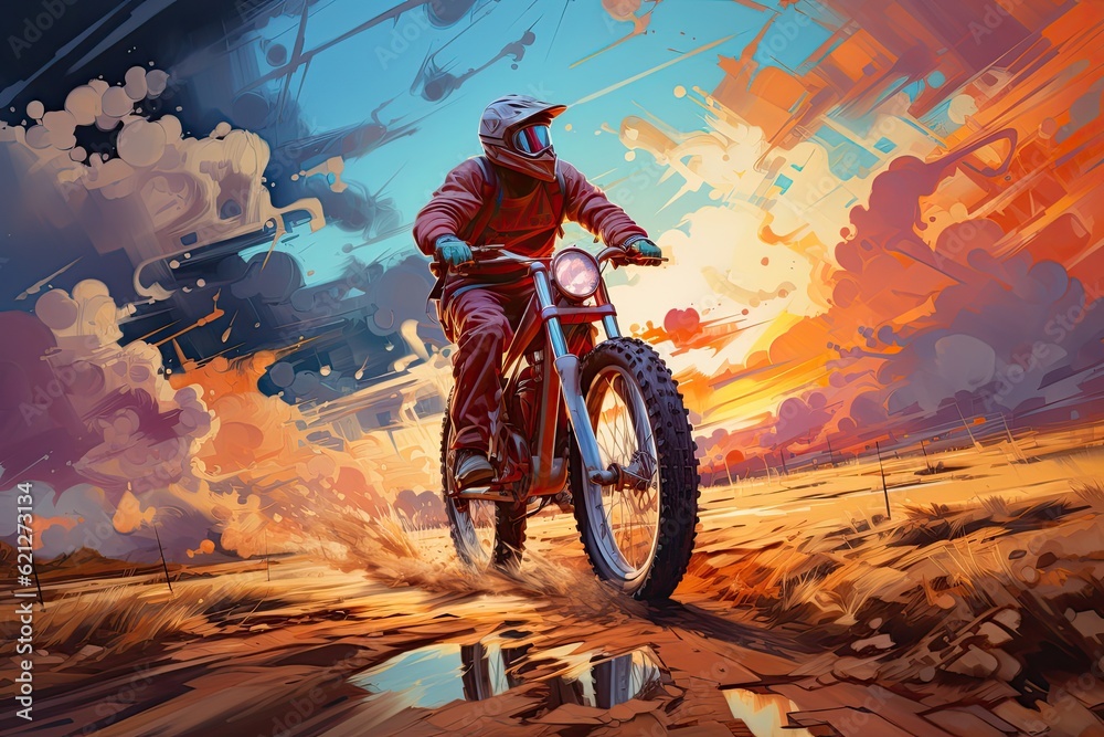 Abstract painting of man riding a bike on colored clouds in the sky ...