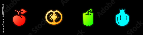 Set Peach fruit or nectarine, Tomato, Bell pepper and Pomegranate icon. Vector