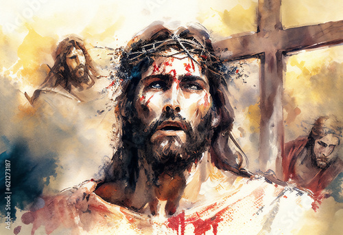 Watercolour painting of the passion of Jesus Christ at the crucifixion and before ascending to Heaven to be with God celebrated as Easter Good Friday, Generative AI stock illustration image photo
